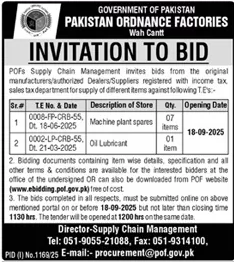 Pakistan Ordnance Factories Wah Cantt Tender Notice